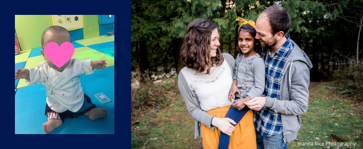 don't give up parents holding adopted daughter, daughter before adoption with heart over her face