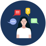blue circle icon with a cartoon of a young woman surrounded by speech bubbles
