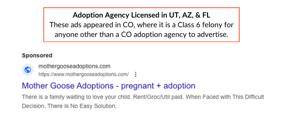 screenshot of a sponsored Mother Goose Adoptions Google search ad that is a Class 6 Felony for anyone other than in CO